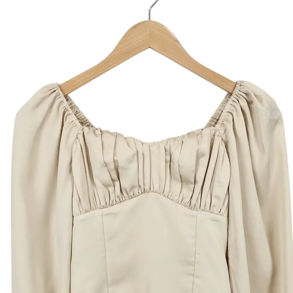 Abercrombie & Fitch Puff Sleeve Ruched Satin Crop Top Champagne XS NWT - Picture 2 of 7